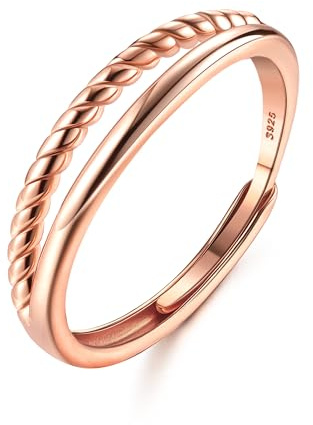 Adramata Anillo Mujer Plata de Ley 925 Chapado en Oro de 18K - Twist Compromiso Alianzas Boda Promesa Ajustable - Oro Rosa