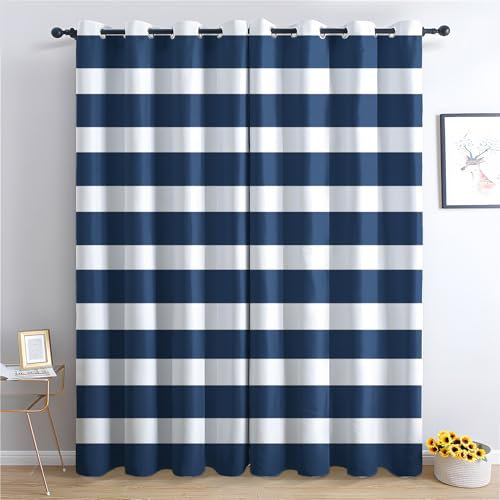 SZLYZM Vorhänge Blau Weiß Gestreift, Verdunkelungsvorhang 2er Set - Vorhang Blickdicht Nautisch Maritim Muster, Thermovorhang für Deko Wohnzimmer Schlafzimmer, Gardinen mit Ösen 137x117 cm (HxB)