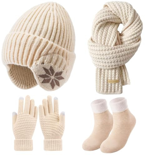 4 Packs Women Winter Hat Scarf Gloves Socks Set, Fleece Lined Beanie Hat with Ear Covers Warm Touch Screen Gloves Long Knit Scarf Warmer Stocking for Girls Winter Accessories Cold Weather (Beige)