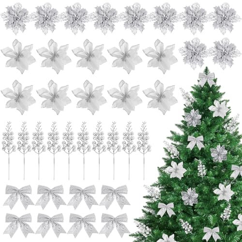 30pcs Fleurs de Noël Fleur Artificielle Poinsettia Glitter avec Tiges de Baies et 8pcs Noeuds à Paillettes de Noël Décoration Sapin de Noël Ornements Suspendue Scintillante pour Fête Noël Nouvel An