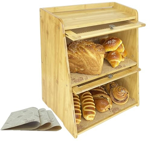 Grande boîte à pain en bois avec 2 étagères et 20 doublures en papier extra large pour comptoir de cuisine à monter soi-même, jaune