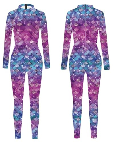 Generisch Meerjungfrau Kostüm Damen Jumpsuit Cosplay Fischschuppen Druck Lange Meerjungfrauen Body Overall Skinny Hose Einteiler Fitness Yoga Outfits Sexy Faschingskostüm