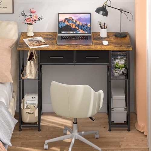 DAOUTIME Computer Desk with Drawers, 37.3 Inch Home Office Work Desk with Storage Shelf, Kids Teens Study Table for Small Space, Small Writing PC Table for Bedroom Makeup Vanity Desk, Brown