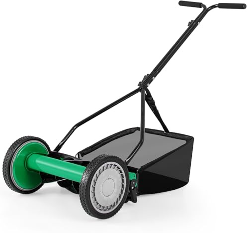 Toolsempire Push Lawn Mower, 14 Manual Rear Mower with 5 Steel Blades, Adjustable Cutting Heights & Grass Catcher Bag, Walk-Behind Grass Cutter Lawn Sweeper for Garden, Park & Yard (Green)