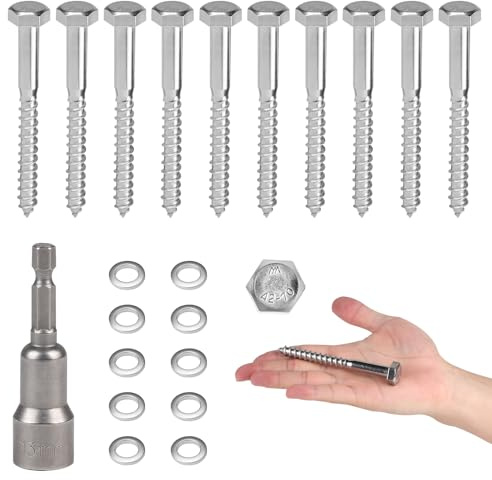 MIGUBIGU 10 Pcs Sechskant Holzschrauben Edelstahl (A2 VA2) M8 x 60 mm mit Dichtscheibe und Sechskant Steckschlussel, Schlüsselschrauben, Sechskantschrauben, Edelstahlschrauben Holz