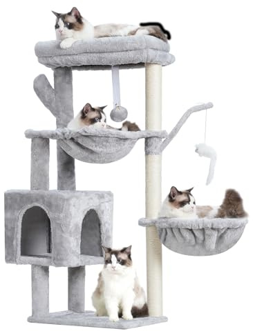 Heybly Arbol Rascador para Gatos, Arbol Gato de 100 cm de Altura con Plataforma Grande, Cueva, 2 Hamacas, Juguetes y Árbol para Trepar con Rascador, Gris Claro HCT006SW