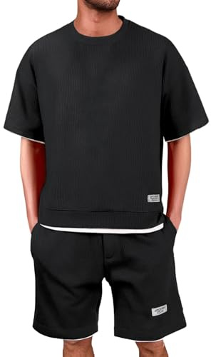 Generisch Jogginganzug Herren Shorts und Tshirt Set Waffle Trainingsanzug 2 Teiler Herren Sommer Outfit Zweiteiler Fitness Kleidung Freizeitanzug Shirt + Kurze Hose Sportanzug Sommeranzug Tracksuit