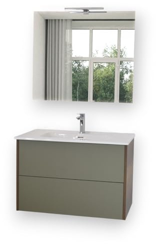 Yellowshop - 🛁 Mobile bagno sospeso SHAPE moderno con lavabo integrato e specchio – 80 cm – Design minimalista con 2 cassetti apertura Push – varie finiture (Verde/Rovere Scuro)
