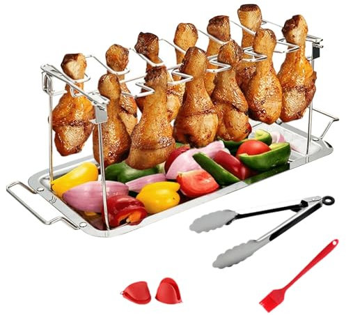 Grill Hühnerschenkelhalter - 12 Grillspieße Mit Tropfschale | Edelstahl Grillrostständer zum Braten Kochen für Grill Garten Camping