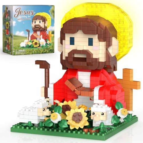 Mikro Jesus und Lamm Klemmbausteine,Mini Jesus Figuren Bausteine Modell mit Sonnenblume,Schafe und Lampe Aura,Heimkapellen-Dekor Christliches Kreative Geschenke für Junge Menschen Age 15+(689 Stück)