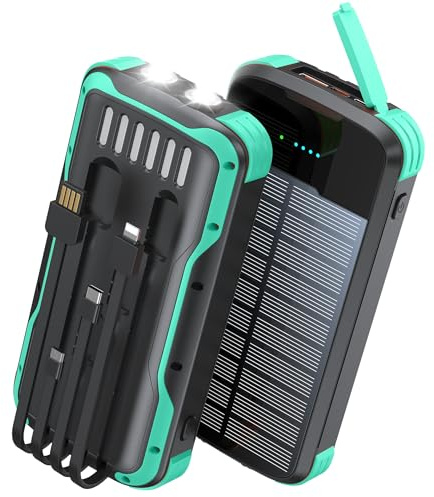 SOXONO Solar Power Bank 40000mAh PD20W Fast Charging Portable Solar Charger | Built-in 4 Cables, 3 Ports, Dual Bright Flashlight, External Battery Pack for Camping, Hiking, and Outdoor Use, Green