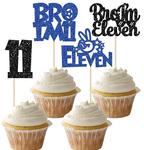 Ephlyn 24Pcs Bro I'm 11 Cupcake Toppers Glitter Boy 11th Birthday Cupcake Pick Decorations for Cheers to Eleven Years Old Big Brother 11th Birthday Party Supplies