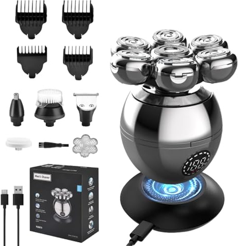 Rasoio Elettrico Barba 5 in 1, Rasoio Testa Calva, Impermeabile IPX7 con 7 Testine Rotanti, Display della batteria e Cavo di ricarica di tipo C, Rasoio per capelli a zero per Naso Orecchie Corpo Viso