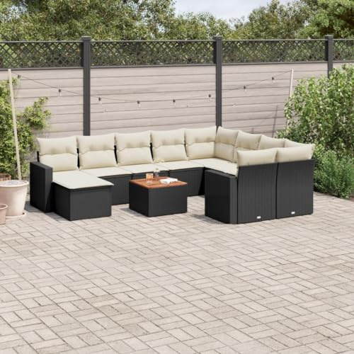 QJBSAVVA 11-TLG. Garten-Sofagarnitur Schwarz Poly Rattan mit Akazientisch und waschbaren Kissen Modernes modulares Lounge-Set für Garten Terrasse oder Balkon platzsparend und langlebig