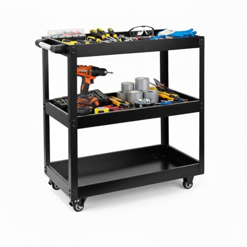 Denny - Carro de herramientas de 3 niveles con ruedas, carrito de almacenamiento de herramientas rodante con cerradura con asa, organizador de garaje y taller resistente para herramientas de bricolaje