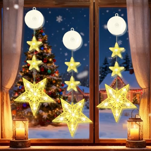 LGZIN Weihnachts-Fensterlichter, 3 LED-Lichter, Weihnachtsstern, Lichtervorhang mit Stern, LED-Vorhang, warmweiß, für Balkon, Fenster, Wand, Schaufenster