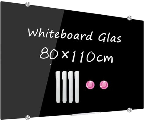 DEVELOP Schwarzes Glas-Whiteboard | 80x110 cm | Rahmenlose, gehärtete Glasoberfläche in Matt-Schwarz | Inkl. 4 weiße Boardmarker, Mikrofasertuch, 2 Starkmagnete & Montageset