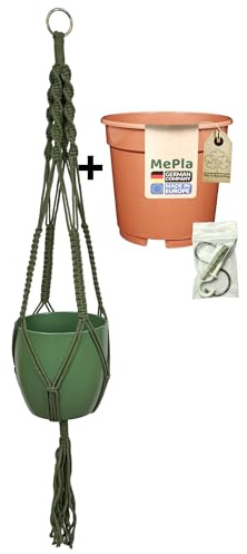 MePla – set – trafikljus makramé naturgrön – SK Soendgen keramisk ytterkruka bas ø16 mossgrön + odlingskruka ø15, högkvalitativ levande atmosfär