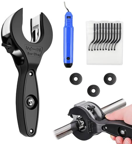 Rohrabschneider Ratsche Set 8-29mm, Ratschen Rohrabschneider für Kupferrohr & Edelstahl, Pipe Cutter mit 3 Ersatzschneidrädern & Entgratwerkzeugen, Ratschen Rohrschneider für Sanitär, Heizung