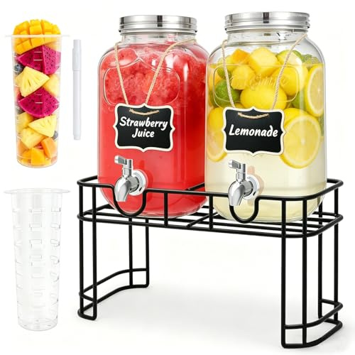Yirilan 2 Pack 4L Glass Drink Dispenser with Tap, Drinks Dispenser for Parties with Fruit Infuser & Metal Wire Stand and Stainless Steel Faucet, Perfect for Cocktails, Juice, Water, Beverages