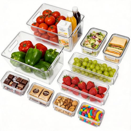 Contenedores de almacenamiento transparentes para nevera con asas, paquete de 12 | Contenedores transparentes para almacenamiento de alimentos, ideales para cocina, encimeras, armarios, nevera y congelador