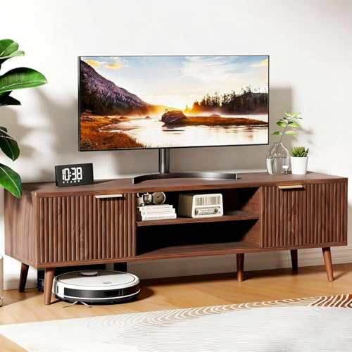 JMGJOY TV-Schrank Fernsehtisch Lowboard für Fernseher bis zu 60 Zoll 140 cm lang mit 2 Türen 2 offenen Fächern Modern für Wohnzimmer Unterhaltungsraum (Braun