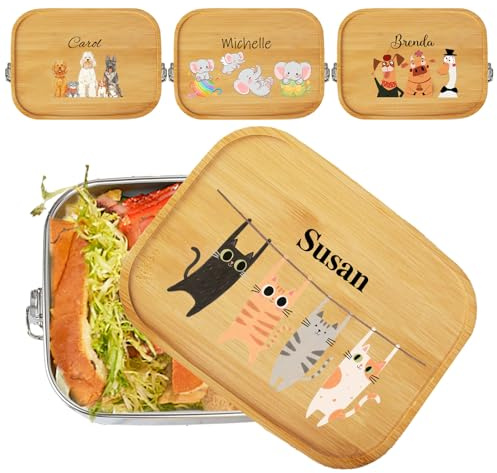 JJ GRADGOWN Personalised Stainless Steel Lunch Box with Bamboo Lid, Custom Name & Animal Design, 1200ml 1-3 Tiers, Eco-Friendly Reusable, Ideal for Kids, School & Picnics (Style 2)