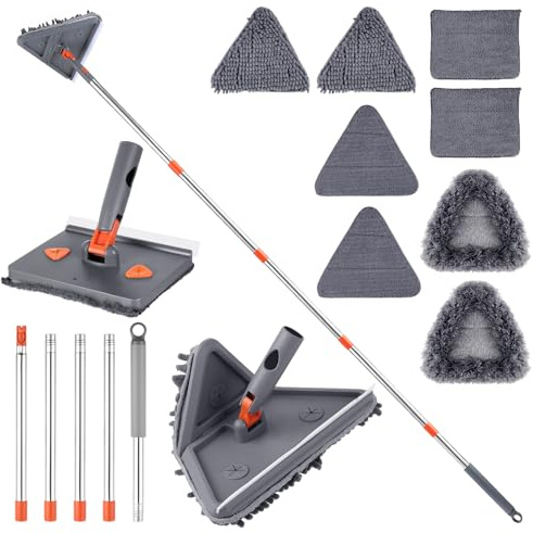 Faankiton Wall Cleaning Mop with 200cm Long Handle, Ceiling Cleaner Tool with 8 Microfiber Chenille Pads, Wall Cleaner Mop with Squeegee for Walls, Window, Floor, Car, Furniture, Baseboard (4-in-1)