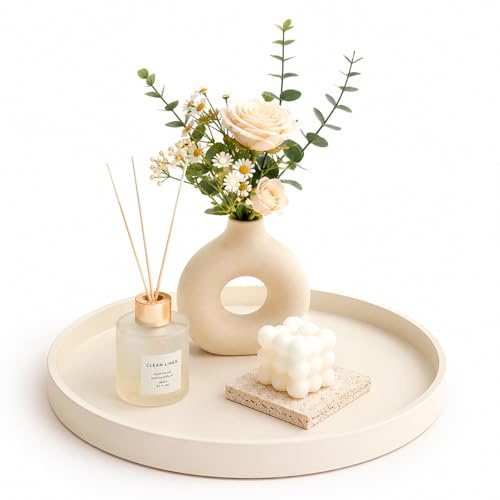 Silikon Badezimmer Tablett, 23 cm Dekoteller Rund Beige für Den Waschtisch, Dekoratives Tablett für Schminktisch, Kosmetik, Wasserfeste Dekotablett für Wohnzimmer Schlafzimmer