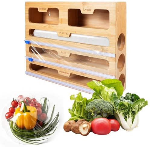 CaitongX 5-in-1 Bambus Küchen-Folienspender mit Cutter – 5 Steckplätze für Aluminiumfolie, Frischhaltefolie, Backpapier & Gefrierbeutel – Praktische Aufbewahrungsbox für Schublade,Küchenorgani