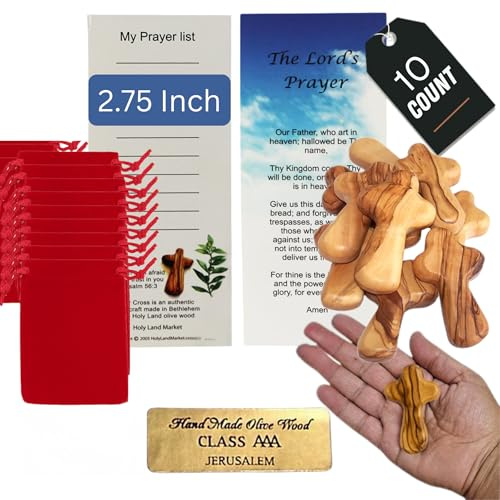 Holy Land Market Kleine Handkreuze mit Tüten, kleine Taschenkreuze aus Holz mit Taschen & Urkunden, natürliches Olivenholz (10)