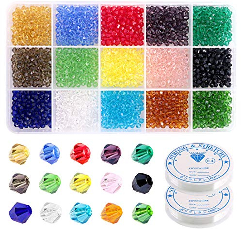 Swpeet 1802 st 4 mm glasbikon kristallpärlor kit, inklusive bikon kristallglaspärlor med gängnålar och elastisk sträng för gör-det-själv-pärlprojekt, armband, halsband, örhängen och annat
