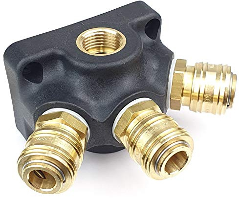 Druckluftverteiler Wanddose Druckluftweiche aus Kunststoff mit 1x G 1/2 Eingangsgewinde, 3 x 1/2 Abgangsgewinde und 3 x Kupplungsdosen NW 7,2 Messing Luftweiche
