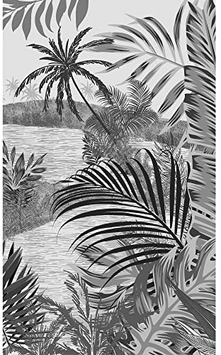 PLAGE Papier Peint Intissé Noir et Gris Foncé, Rivière et Forêt Tropicale, Décoration Murale Intérieure, 250 cm X 150 cm.