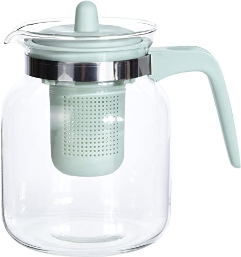 Tetera de cristal de 1,5 litros con tapa y filtro de té de plástico sin BPA, jarra de cristal para té negro, té verde, té de frutas (verde menta)