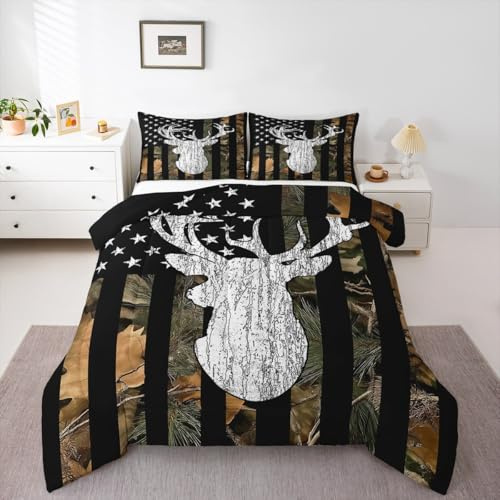 Camouflage Deer Comforter Set Queen Woodland Tree Botanical Camo Flag Bedding Set Hunting American Flag Comforter For Kids Boys Teen Men,Nature Conifer Oak Branches Leaf Quilt Duvet Black Brown 3 Pcs
