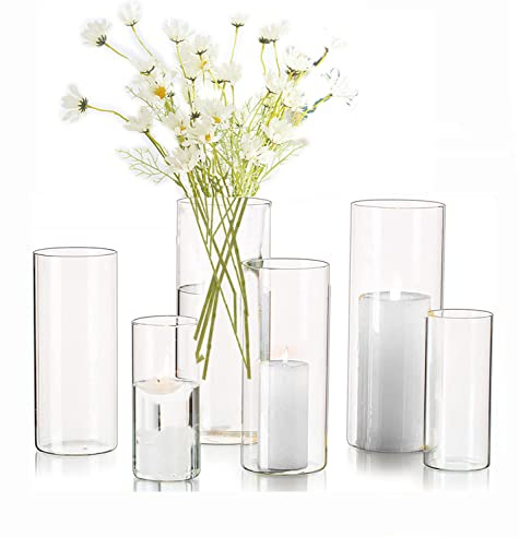 Kerzenhalter Glas Set EylKoi - Zylindervase Bulk Klar Glaszylinder, Kerzengläser 2 Sätze (3 Stück/Sätze), Glaszylinder Mit Boden, Vase für Pampasgras Groß Tischdeko für DieHochzeit15cm+20cm+25cm(Hoch)