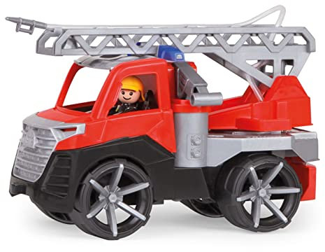 Lena 04535 - TRUXX² Feuerwehr Leiterwagen, Feuerwehrauto ca. 28 cm, Feuerwehrwagen mit klappbarer Leiter, Wasserspritze und vollbeweglicher Spielfigur, für Kinder ab 2 Jahre, Spielfahrzeug rot