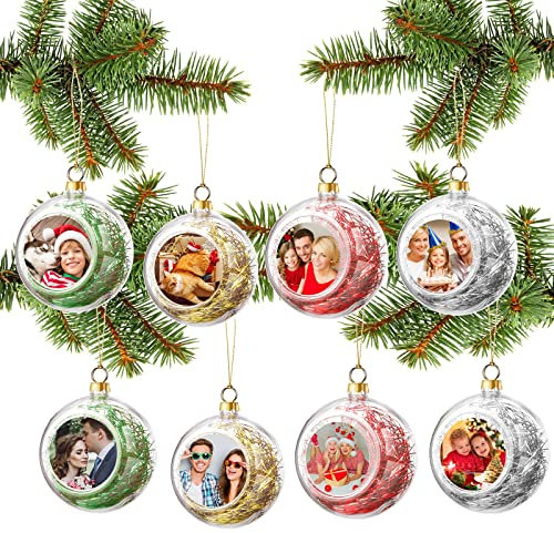 8 Stück Weihnachts-Fotokugel-Ornament, blanko, DIY, Weihnachtsdekoration, 4 Farben, Sublimation, transparente Weihnachtsbaum-Ornamente für Weihnachten, Urlaub, Hochzeit, Party-Dekoration