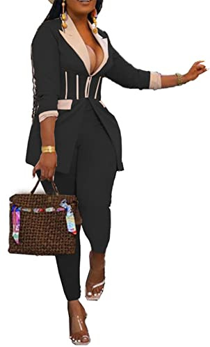 Womens Sexy 2 Pieces Paneled Lapel V Neck Blazer Jackets Bodycon Pants Party Clubwear Tracksuit Outfits Suit Set(Black,XL)