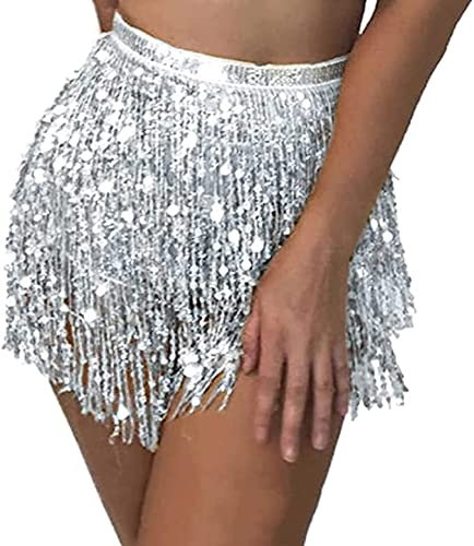 Damen Rave Fransen Rock Mit Pailletten Und Quaste - Bauchtanz Kostüm Mini Hüftschal Outfit für Frauen Mädchen