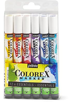 Pebeo - Set di 12 pennarelli ad inchiostro Colorex per acquerello Pebeo - Inchiostro per colori primari - Multi-strumento per il disegno di tutti i media - Pennarello a colori aggiuntivo