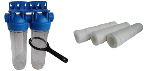 AQUAWATER - 104509 - Station filtre double nu avec clé de déserrage - Taille standard 10 & 105004 - Lot de 3 cartouches filtrante anti-sédiments bobinée 20 microns