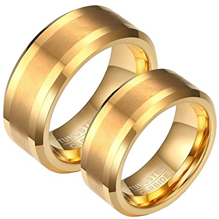 Whoiy Ringe Wolframcarbid Paar, Partner Ringe 2 Set 8mm Gebürsteter Goldring mit Abgeschrägter Kante für Hochzeit Versprechen