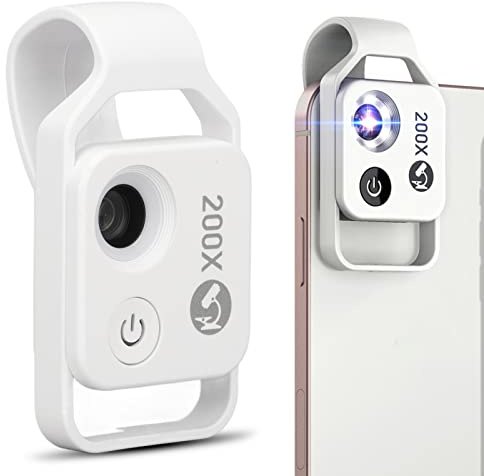 Telefon-Makroobjektiv, 200-fach-Mikroskop mit LED-Licht CPL, Clip-Taschenmikroskop, Kompatibel für IOS und für Android-Smartphones, Microworld für Kinder und Erwachsene (Weiss)