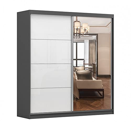 Kleiderschrank M35 mit Spiegel 233 cm, Schwebetürenschrank, Garderobeschrank Schlafzimmer; Wohnzimmerschrank; Korpus Schrank Farbe: Graphit; Farbe der Schrankfront: Weiß Hochglanz- 2 Schiebetüren