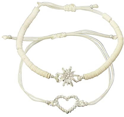 Alpenflüstern Heishi Perlen Trachten-Armband Set Strass-Edelweiss und Herz - Damen-Trachtenschmuck mit Trachten-Herz silber-farben, verstellbare Armketten (weiß) DAB079