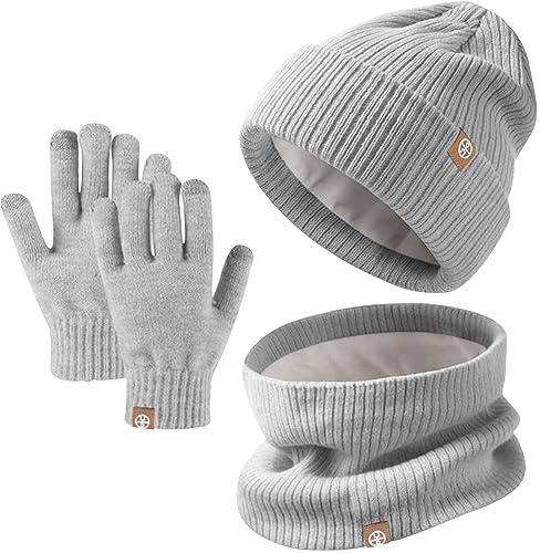 Baynetin Winter Beanie Hut, Schal, Handschuhe Set,Kinder Wintermütze Schal Handschuhe Set, Mütze Warme Beanie Hut Jungen Touchscreen Handschuhe Runder Schal Set für 5-12 Jahre