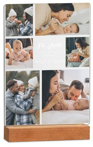 Maverton beleuchteter LED-Rahmen mit eigenem Foto - personalisiertes Acrylglasbild mit Holzständer mit LED-Beleuchtung - Glasfoto für Frauen zum Geburtstag - Größe: 21x32x4,5cm - Muttertag