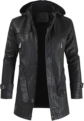Sohodoo Mens Leather Jacket 3/4 Length Faux Leather Fur Coat Warm Winter Long PU Leather Jacket Lined Duster Trench Coat (Color : Black, Size : XXL)